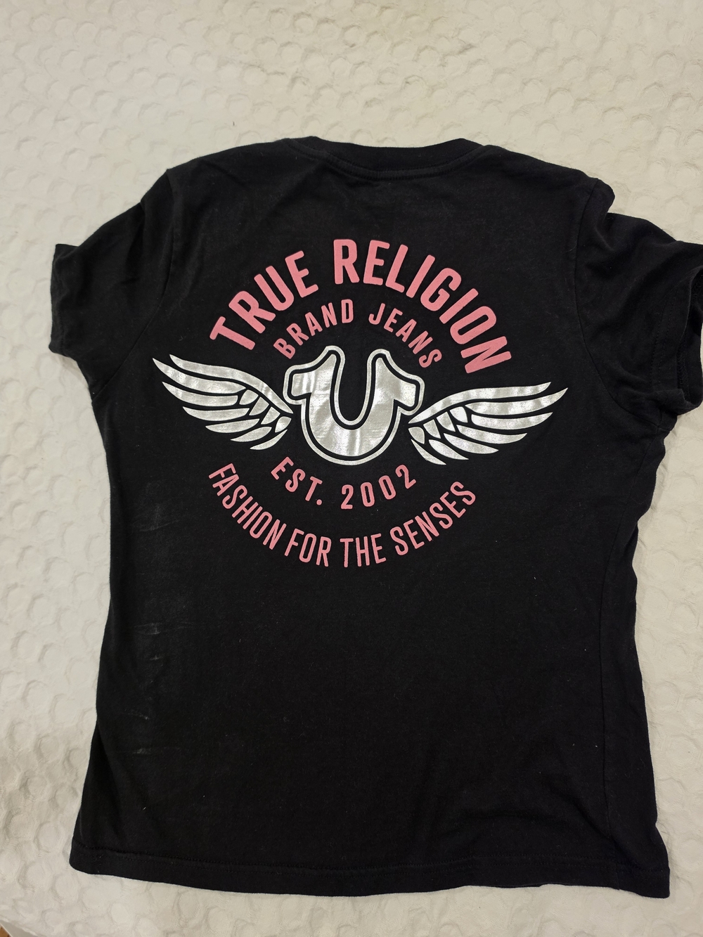 True Religion Black Short Sleeve Tee with Pink & Silver Logo